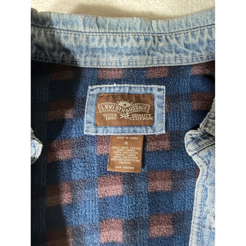 Levi Strauss Denim‎ Shirt Jacket Men XL Blue Good Fleece Lined Plaid Workwear